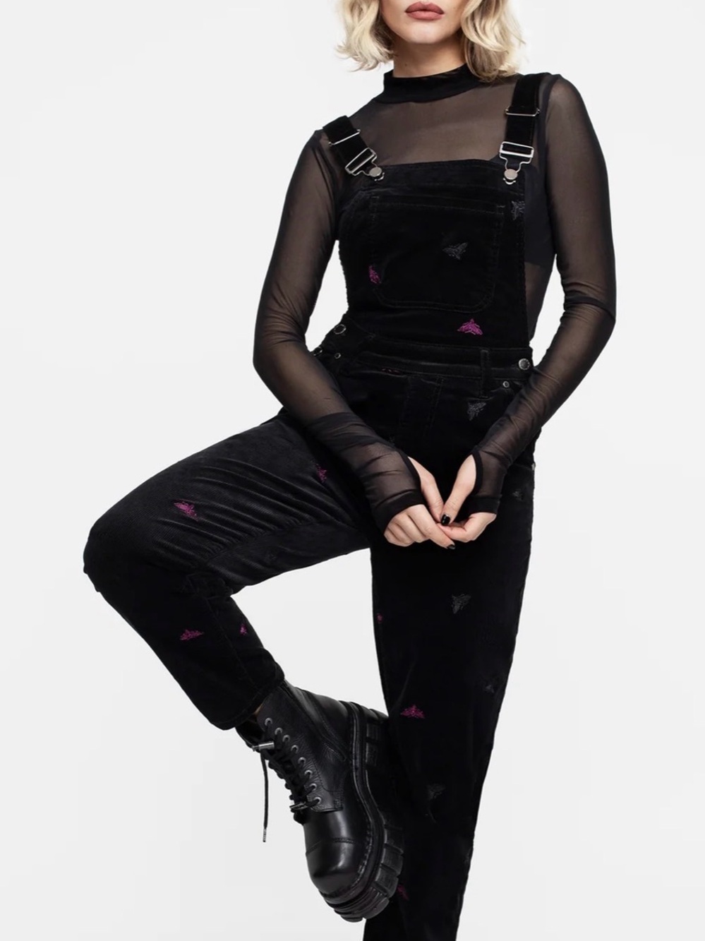 Disturbia Styx Moth Embroidered Corduroy Dungarees Overalls